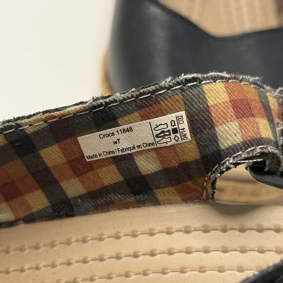 Crocs Womens A-Leigh Sandal Size 7 Black Leather Cork Wedge Heel Slingback Shoe - Picture 7 of 7